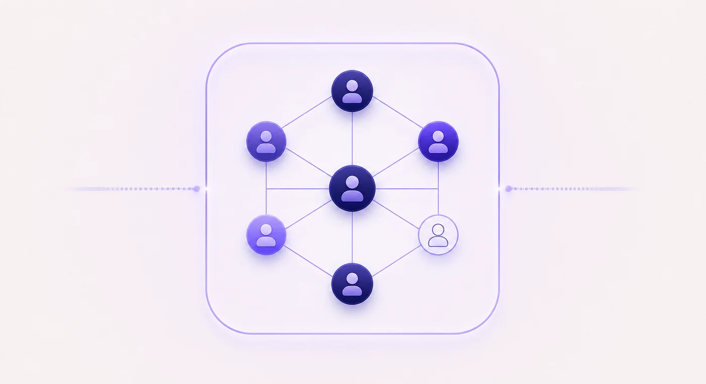 A buying committee mapped as a network of connected contacts, with one outlined figure still unreached