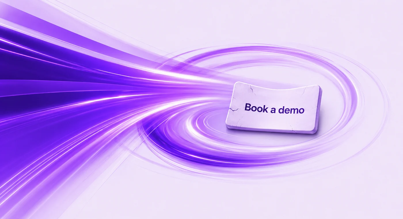 A cracked "Book a demo" button caught in a swirling purple vortex