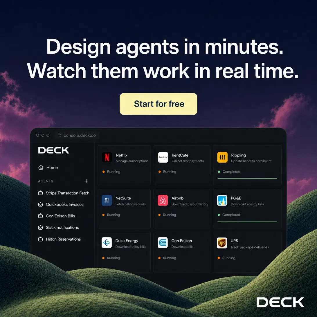 Deck's LinkedIn ad with a "Start for free" call to action and a screenshot of the live agent console