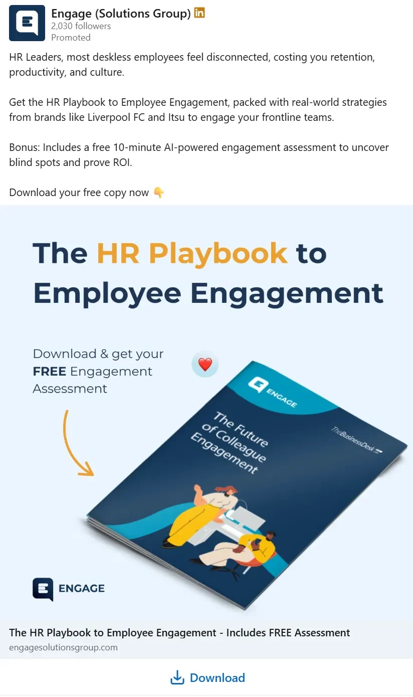 Engage's LinkedIn document ad previewing an HR playbook and bundling a free engagement assessment