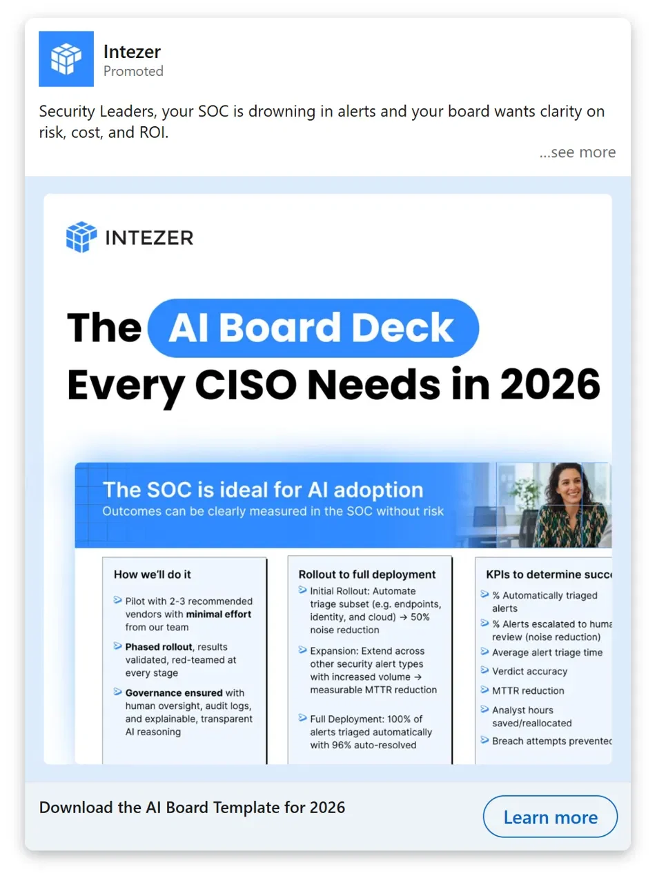 Intezer LinkedIn ad offering an AI board deck template for CISOs