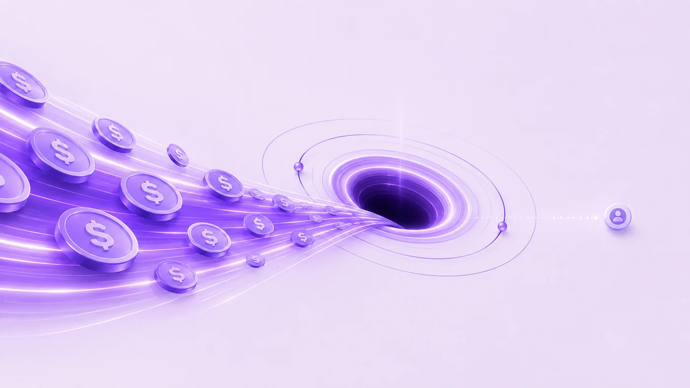 A wide stream of coins spiralling into a black hole, with a single prospect emerging on a thin trail the other side