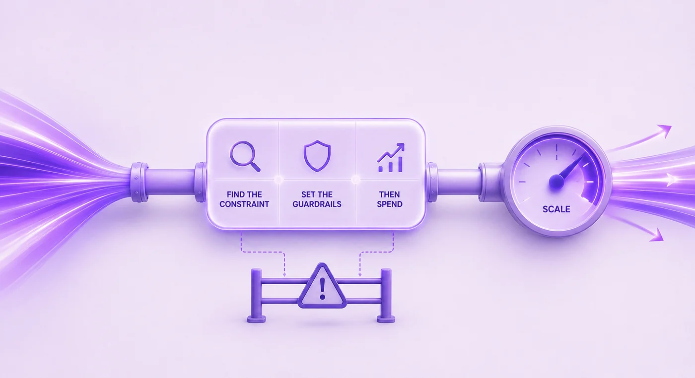 Demand flowing through a three-stage inline module labelled find the constraint, set the guardrails, then spend, wired to a guardrail barrier below and feeding a dial reading scale