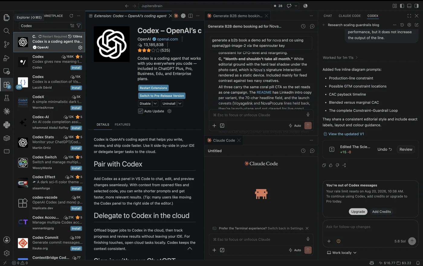 The VS Code Extensions marketplace with OpenAI's Codex extension installed, and the Codex agent docked as a panel on the right of the editor working through a task