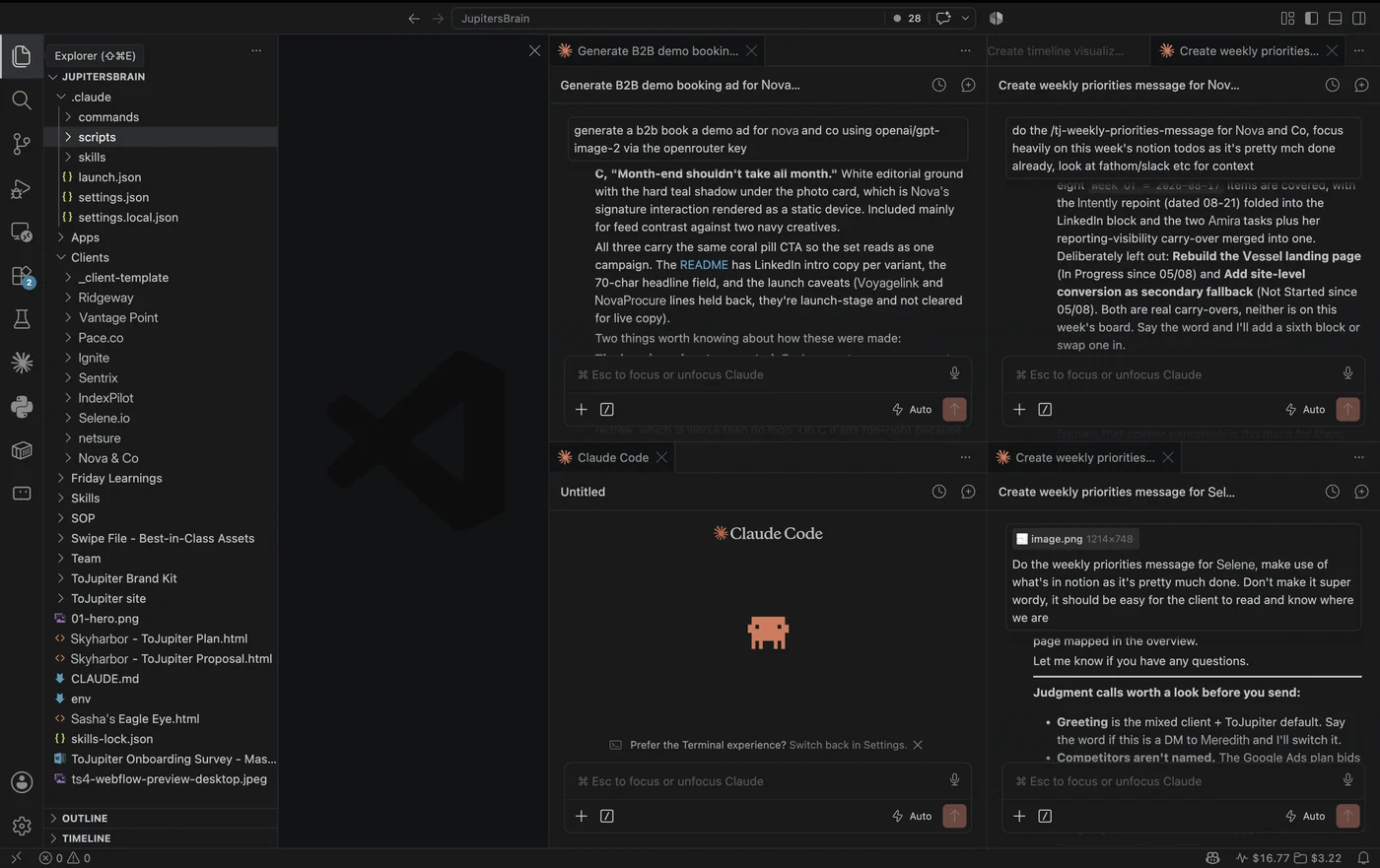 A single VS Code window split into four Claude Code panes, each holding a separate conversation, with the shared project file tree open in the left sidebar