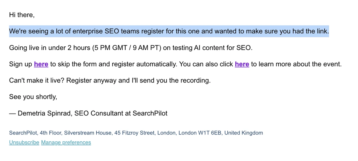 The SearchPilot reminder email in plain text, opening with the highlighted line about enterprise SEO teams registering, sent under two hours before going live and signed by a named consultant