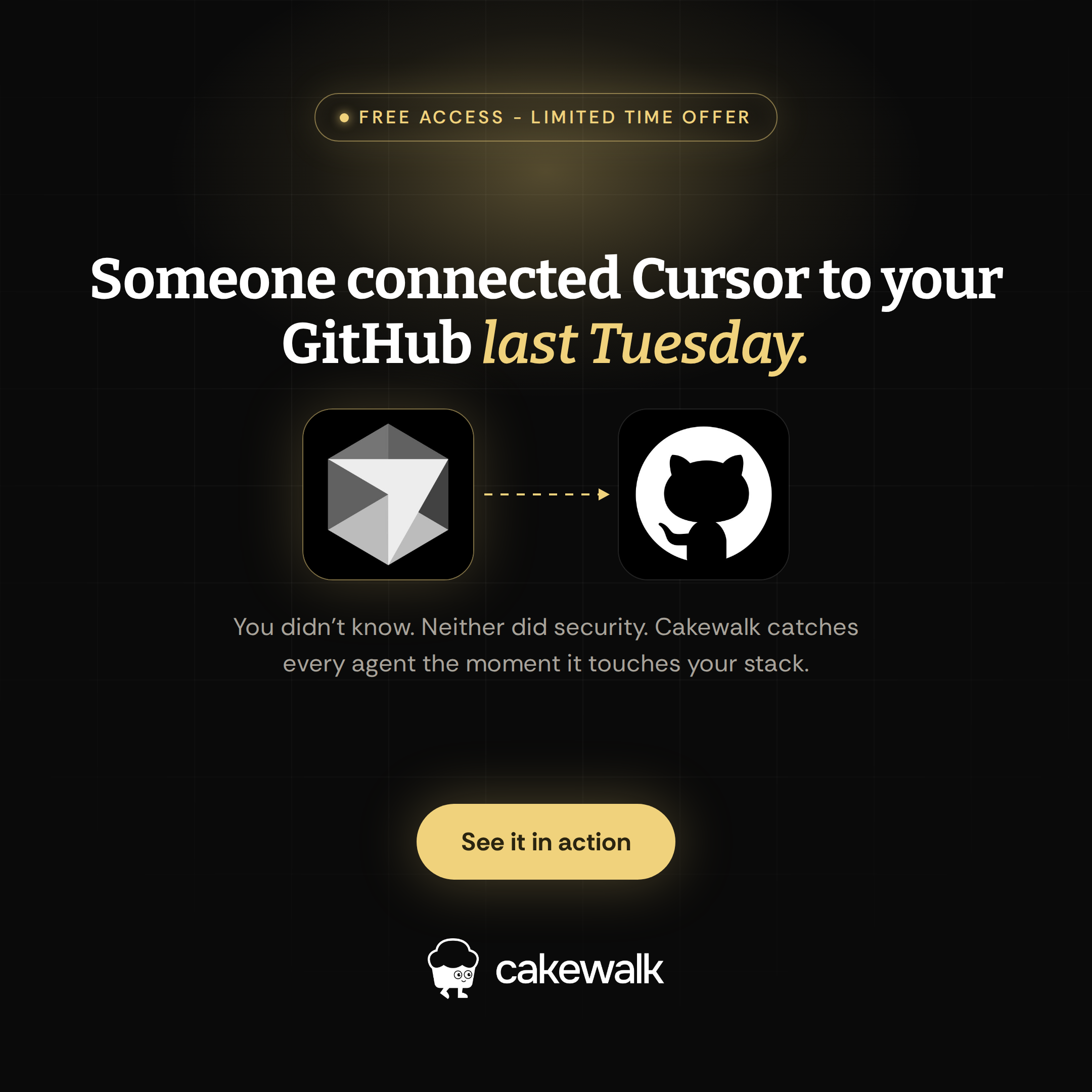 Cakewalk LinkedIn ad headlined Someone connected Cursor to your GitHub last Tuesday