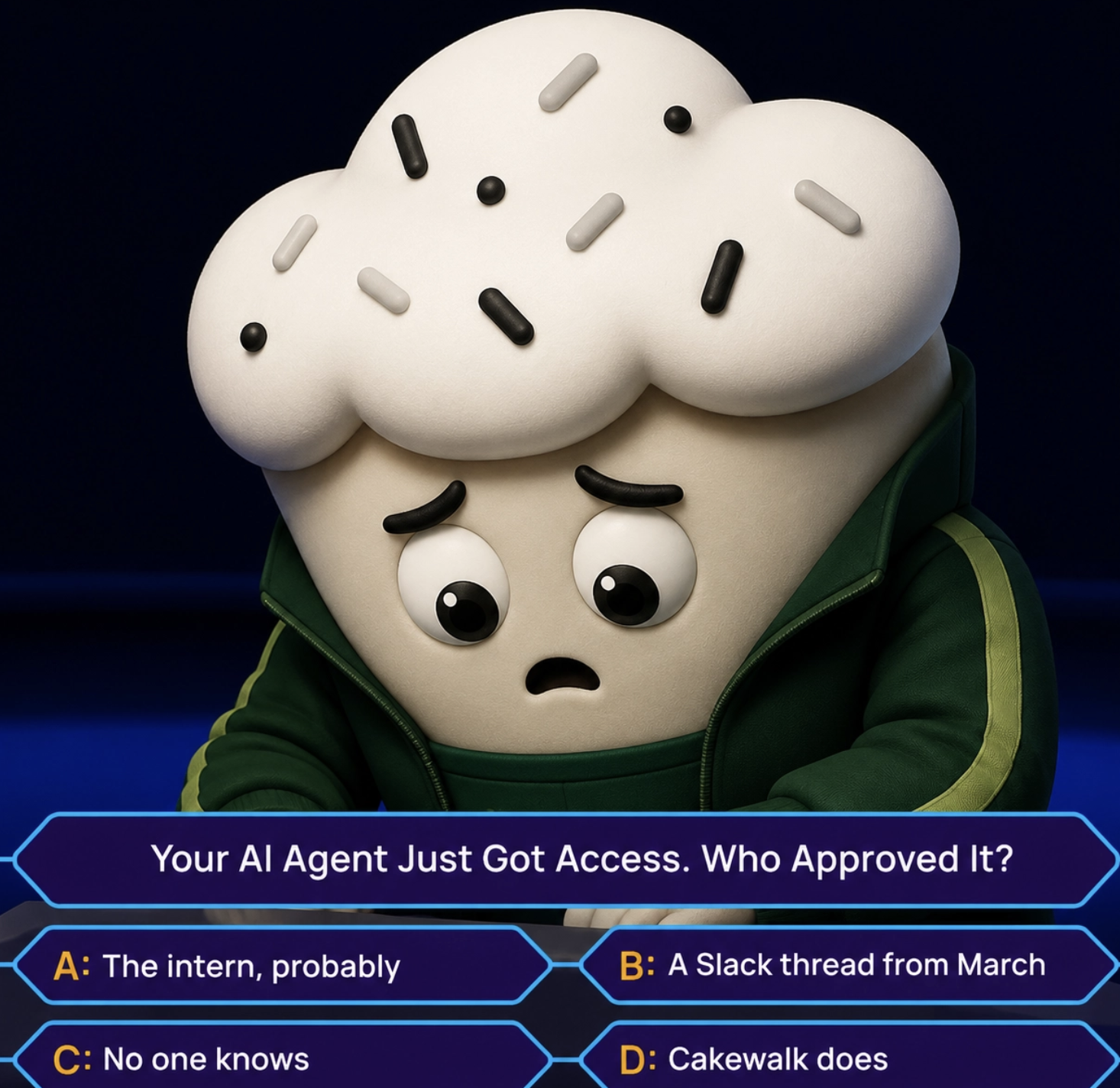 Cakewalk meme ad in a game show format asking who approved your AI agent's access