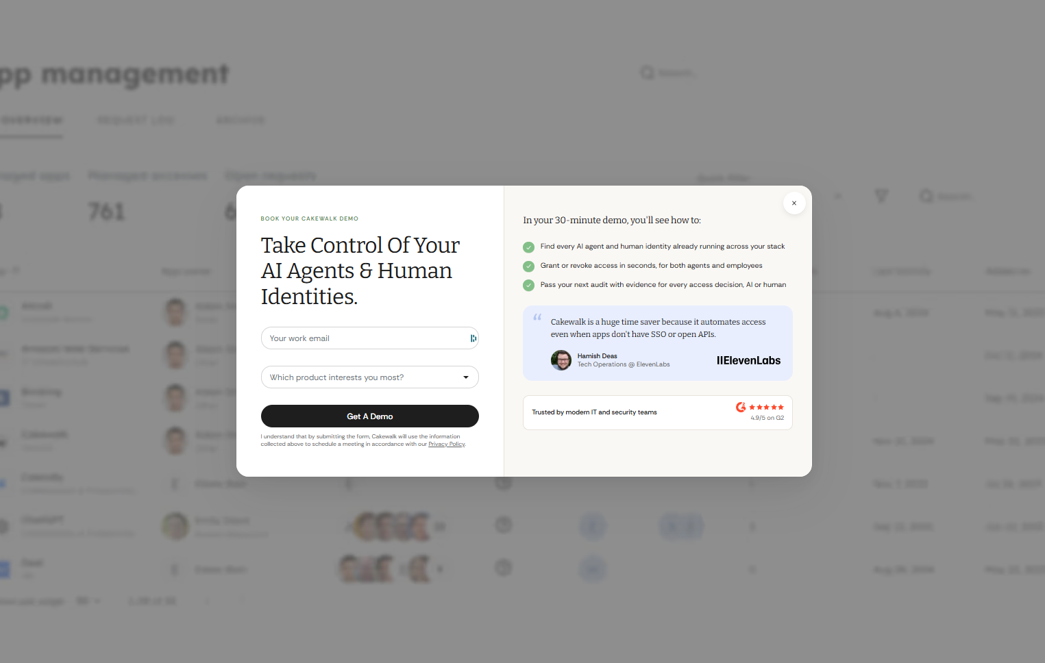 The Cakewalk demo booking flow, with the value of the call listed beside the form