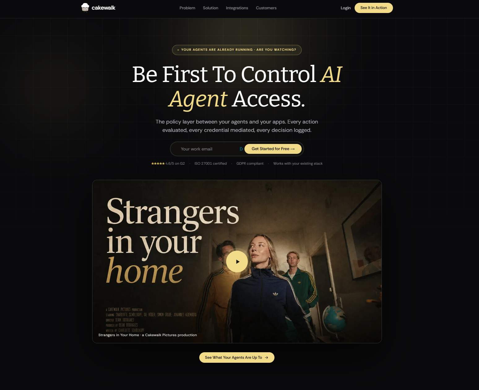 The Cakewalk agent access landing page, headlined Be First To Control AI Agent Access