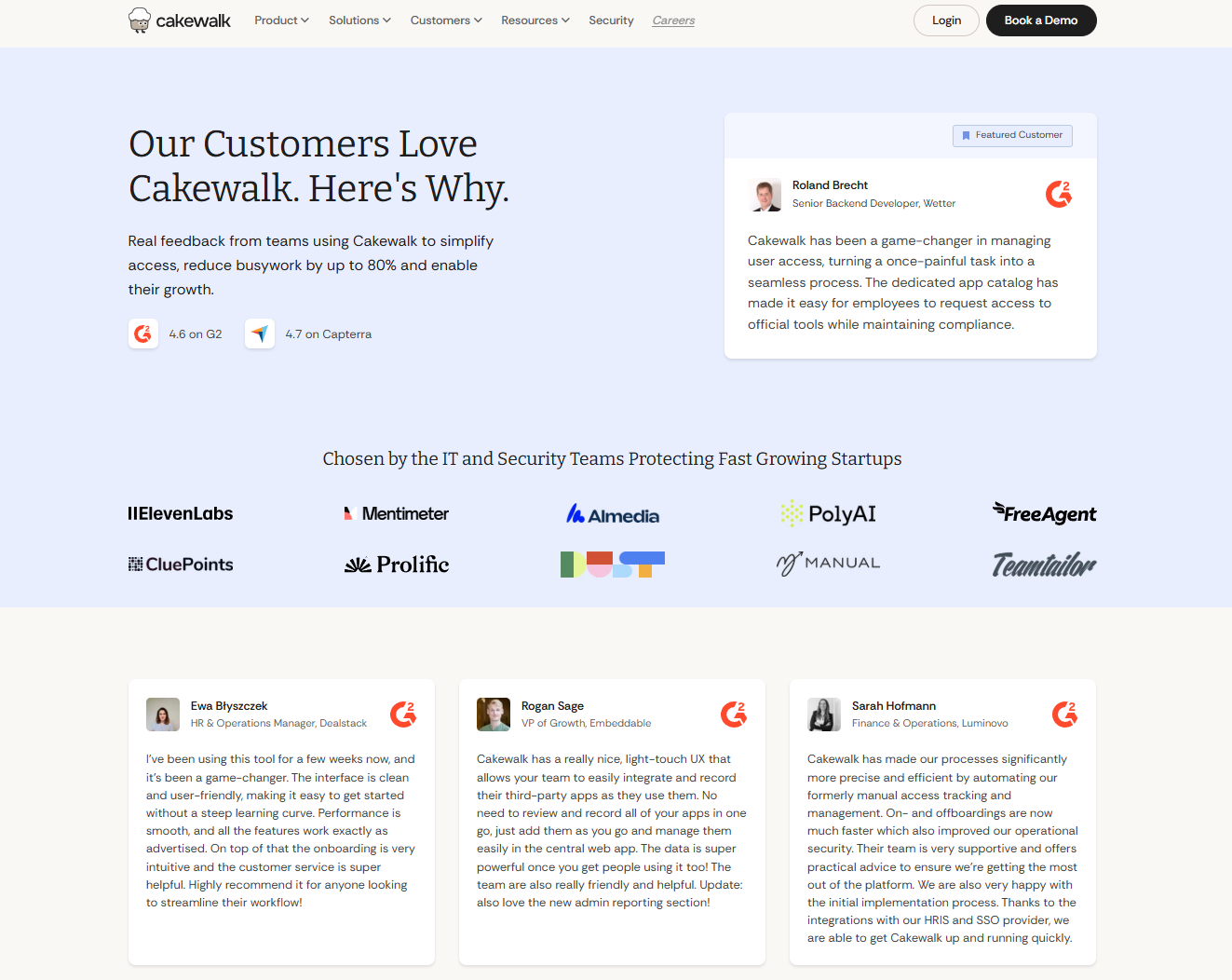 The Cakewalk wall of love page, collecting customer reviews and ratings in one place