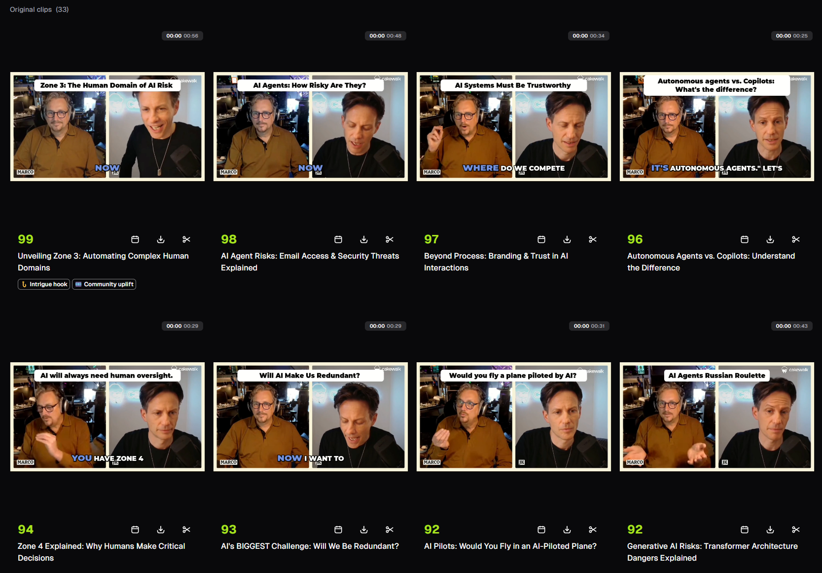 Opus Clip showing 33 short clips cut from a single Cakewalk webinar recording