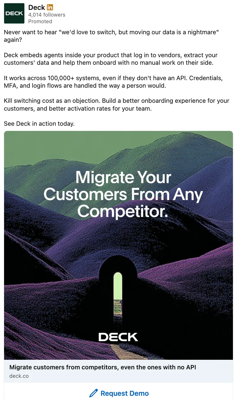 Deck LinkedIn ad headlined Migrate Your Customers From Any Competitor.