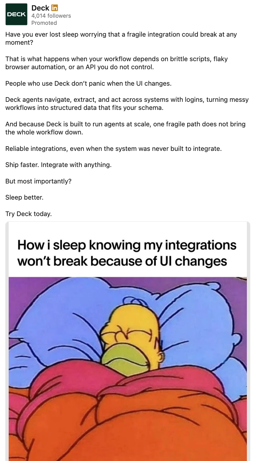 Deck LinkedIn ad about integrations not breaking when a user interface changes