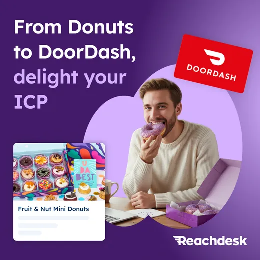 Reachdesk ad on a dark purple background showing a man biting a purple frosted donut at his desk beside an open gift box of donuts and a DoorDash gift card, headlined From Donuts to DoorDash, delight your ICP