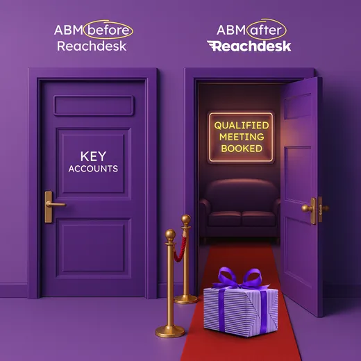 Reachdesk ad showing two purple doors, one closed and labelled Key Accounts under the heading ABM before Reachdesk, the other open under ABM after Reachdesk leading past a rope barrier to a neon sign reading Qualified Meeting Booked