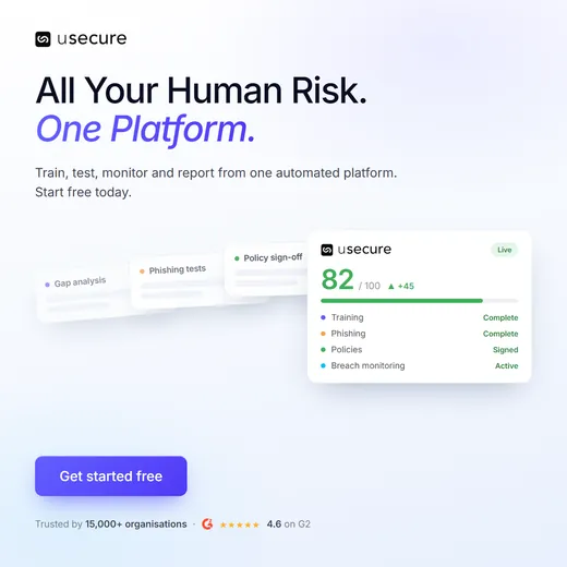 usecure ad headlined All Your Human Risk. One Platform, showing a live human risk score of 82 out of 100