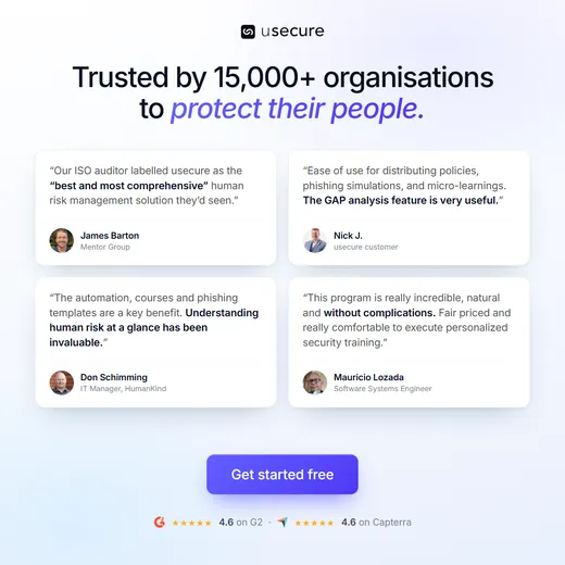 usecure ad headlined Trusted by 15,000+ organisations to protect their people, with four customer review cards