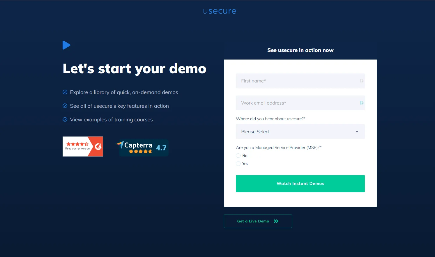 The usecure demo page before the rebuild